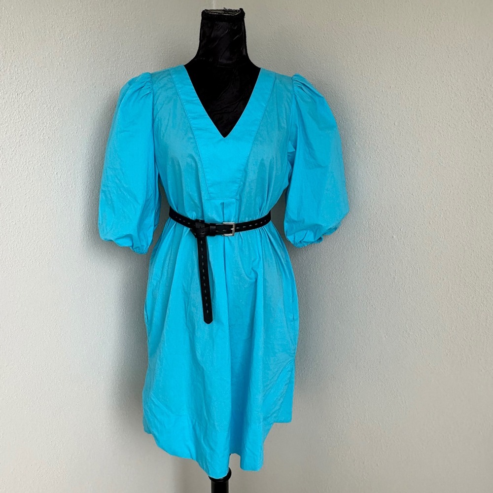 Cynthia Rowley Blue Puff Sleeve 100% Cotton V-Neck Mini Dress M Pockets